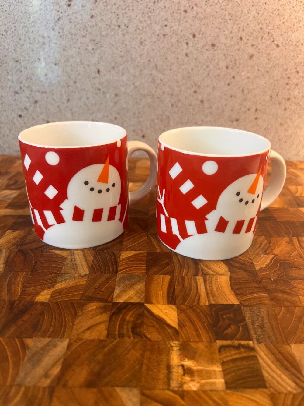 Crate & Barrel Set of 2 Holiday Snowman Carrot Nose Red White 3” Kids Mini Mugs